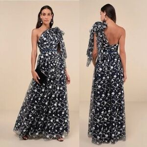 🌻NEW w/tags Whimsical Allure Navy Mesh Embroidered One-Shoulder Maxi Dress XS